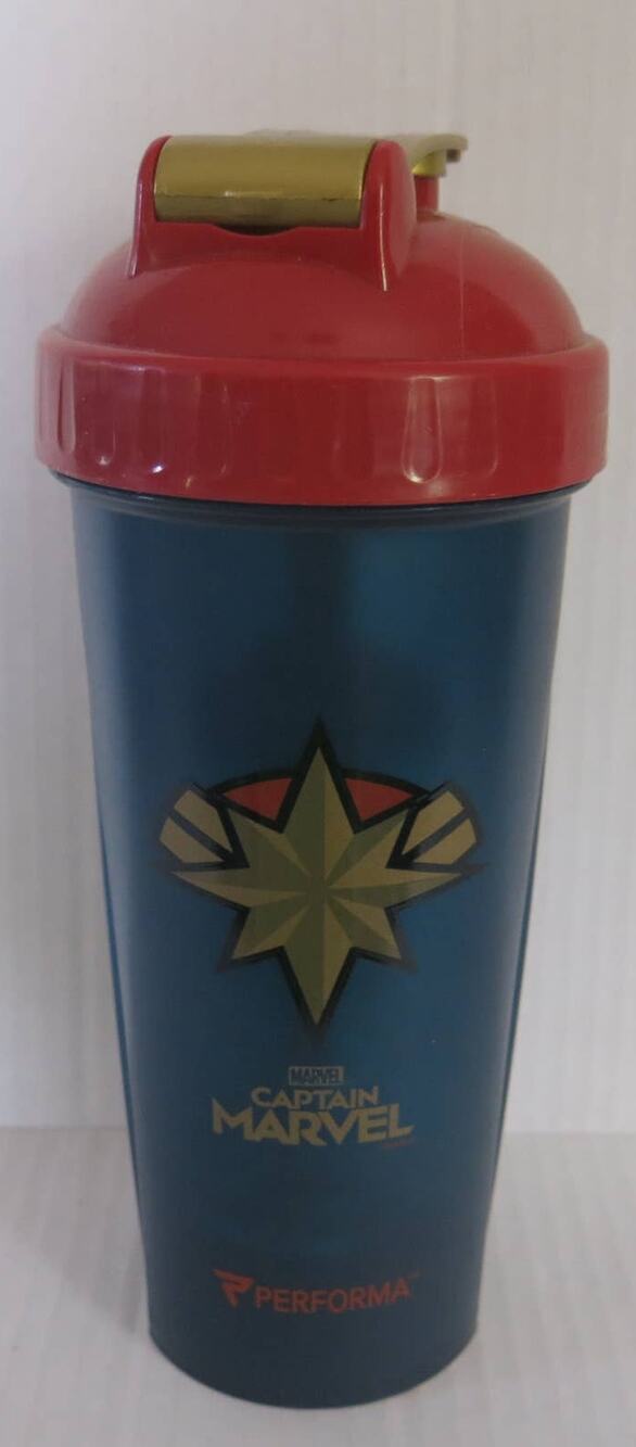 MARVEL Captain Marvel Performa Blender Bottle Screw Sip Lid Blue Red Gold 28 Oz
